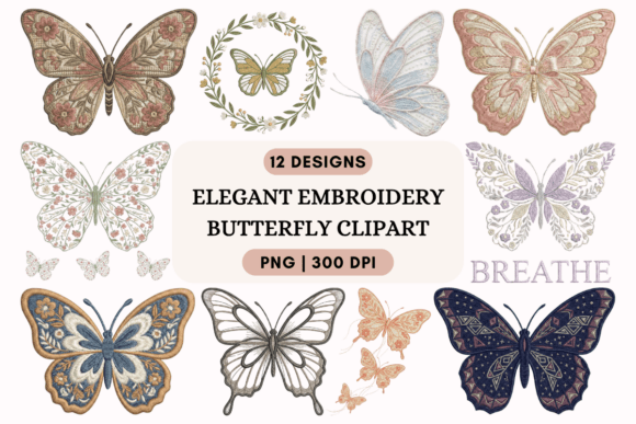Elegant Embroidery Butterfly Clipart PNG